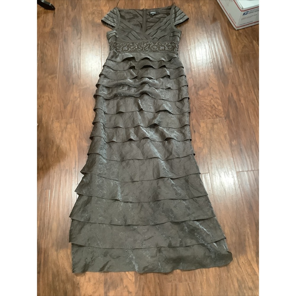 Adrianna Papell Long Formal Dress Brown Shimmering Multi Layered Beaded Wt S12 - Picture 7 of 11